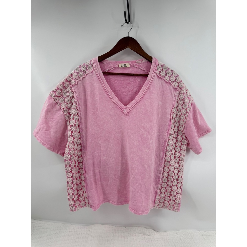 J HER Oversized Sweatshirt Top Pink Acid Wash Crochet Lace Trim HT6747 Size M